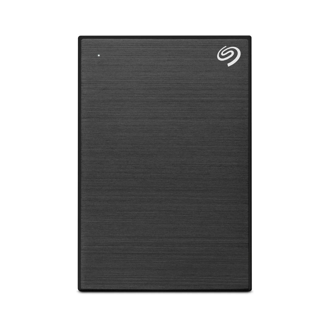 Black external hard drive with Seagate logo on a white background